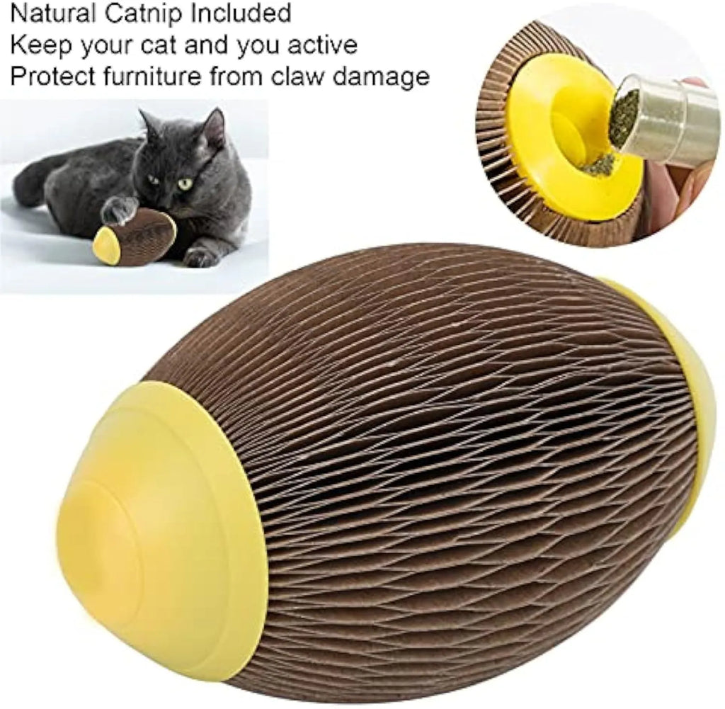 Ellipse-shaped corrugated paper catnip football toy for scratching and play.