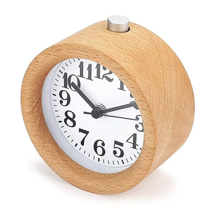 Solid beech wood silent snooze alarm clock showing wooden case and white dial.