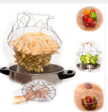 Stainless steel foldable deep fry basket with handle, 23cm size, on a kitchen counter