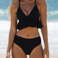 Women's solid colour split bikini swimsuit two-piece set in black, army green, brick red, blue with spandex lining