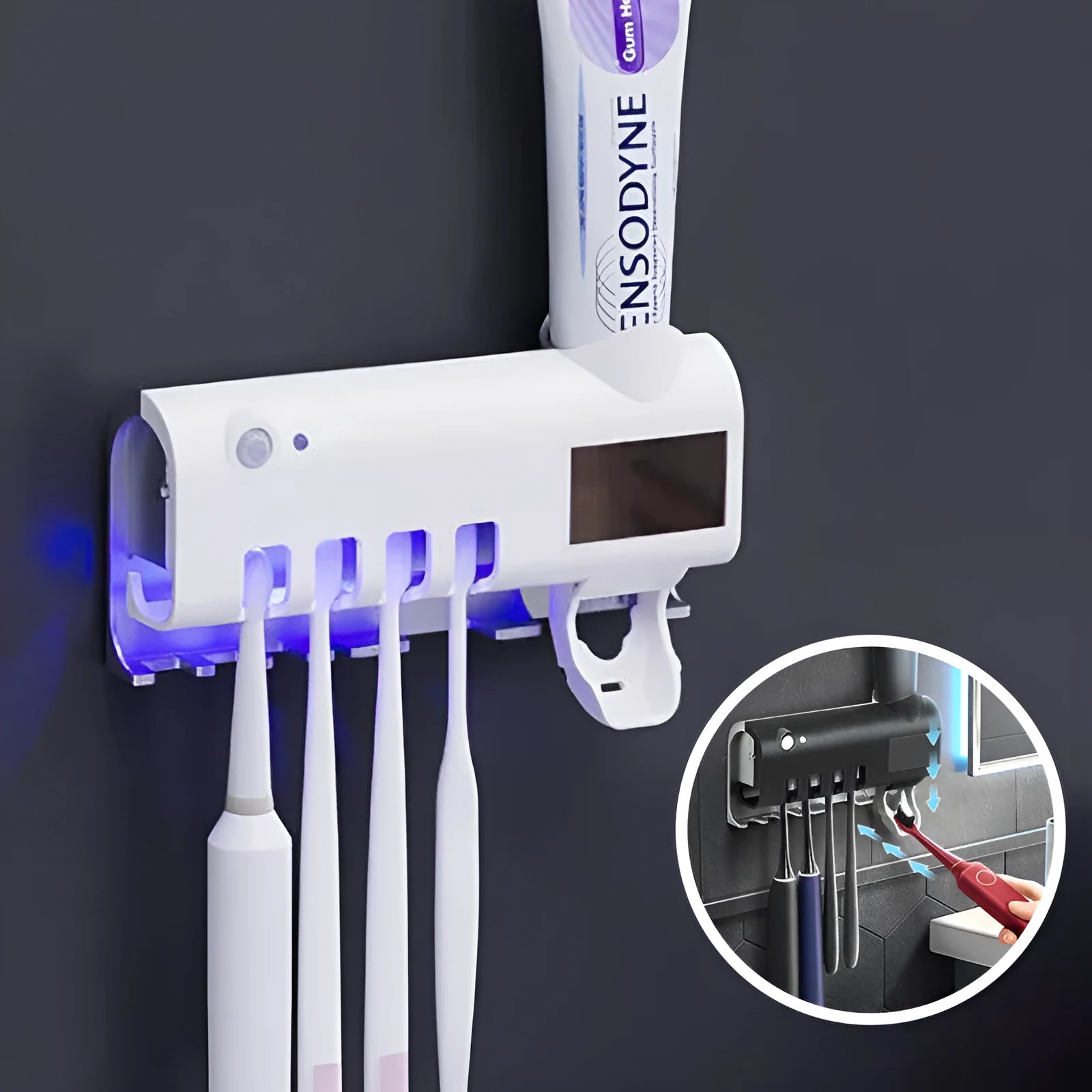 Intelligent UV toothbrush sterilizer with automatic toothpaste squeezer in black, wall-mounted
