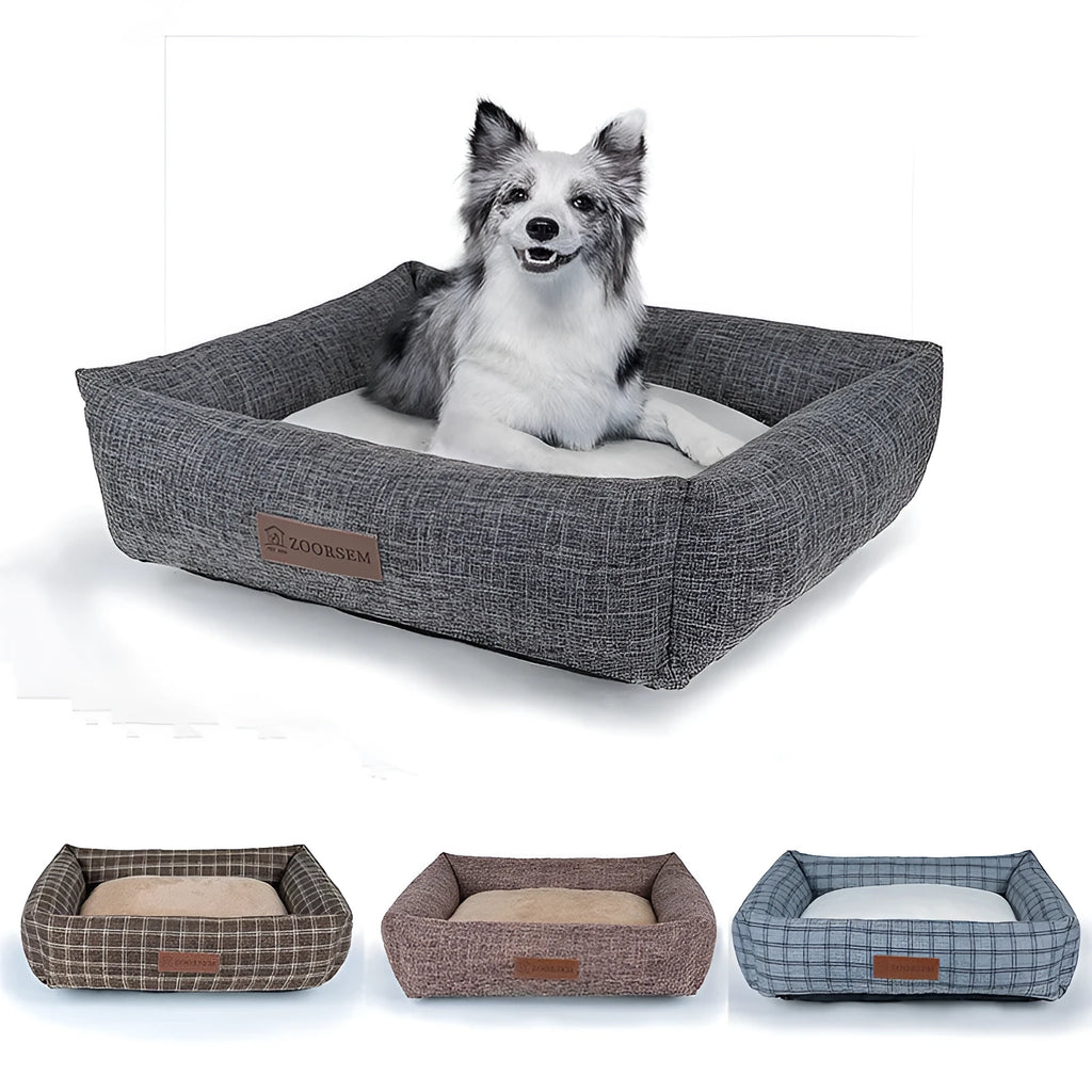 Square cloth dog bed in four colours and sizes, including gray, brown, gray plaid, brown plaid, from 50x40 cm to 80x60 cm