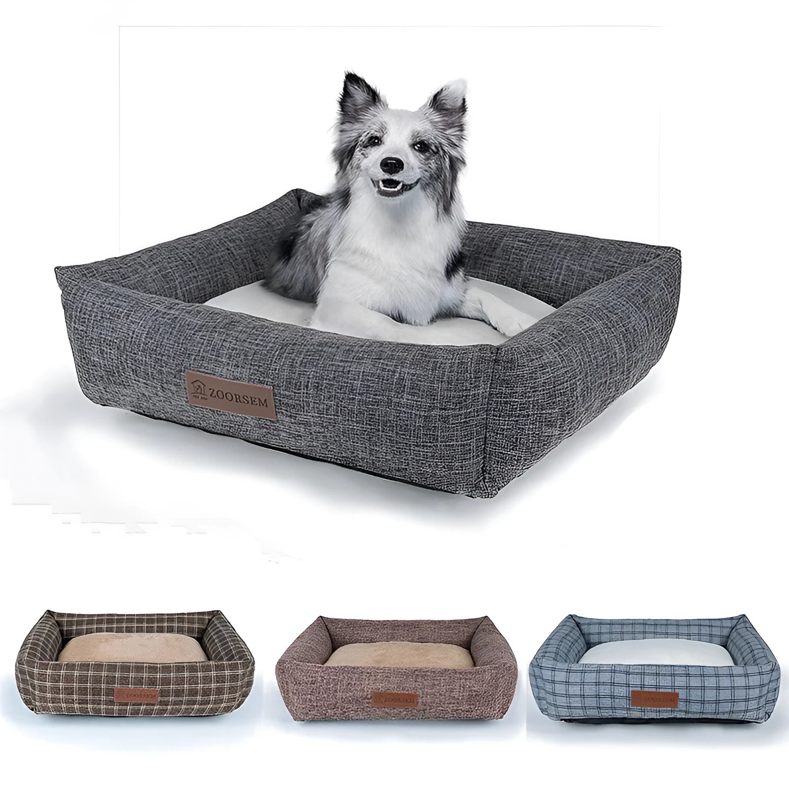 Square cloth dog bed in four colours and sizes, including gray, brown, gray plaid, brown plaid, from 50x40 cm to 80x60 cm