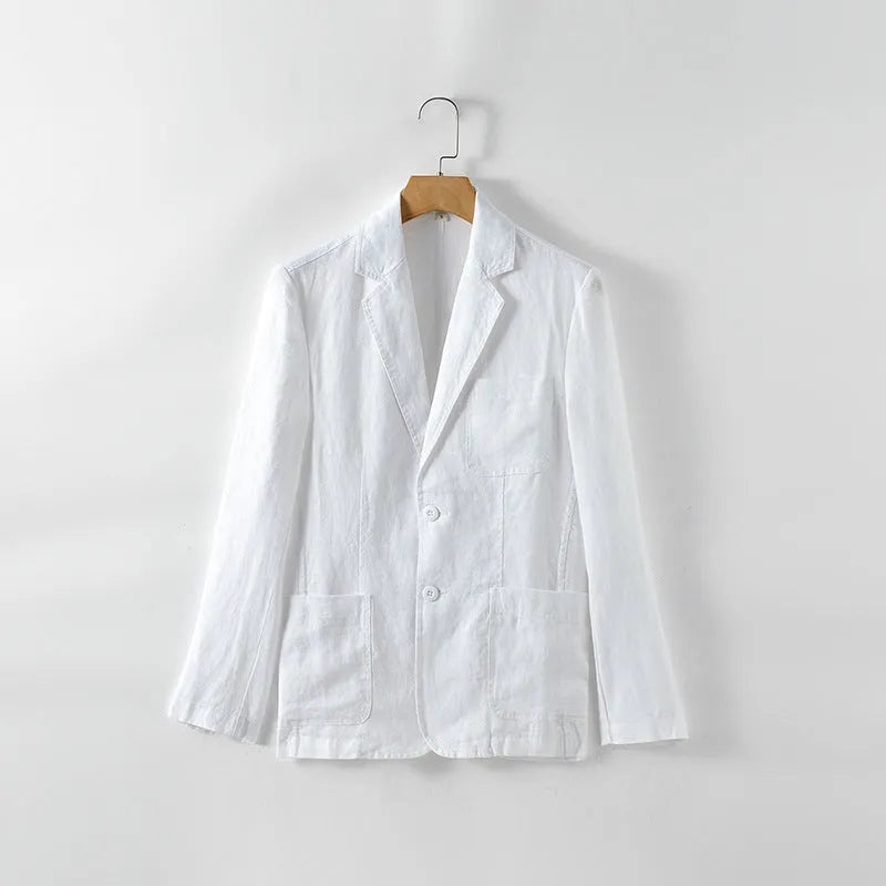 Men's linen solid colour thin suit coat with size stick pocket in white black light blue dark blue linen S-3XL