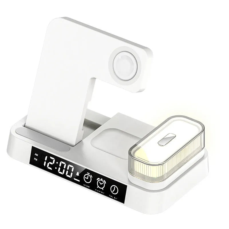 4-in-1 wireless charger station with foldable stand, alarm clock display, and RGB night light in white