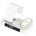 4-in-1 wireless charger station with foldable stand, alarm clock display, and RGB night light in white