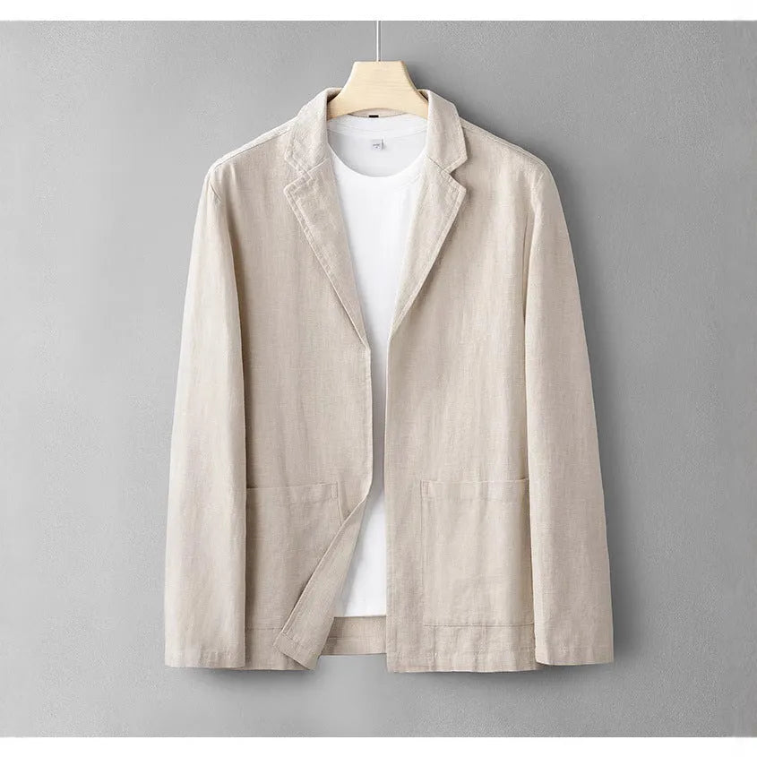 Summer menswear simple leisure suit linen long sleeve solid colour jacket in apricot gray and navy blue