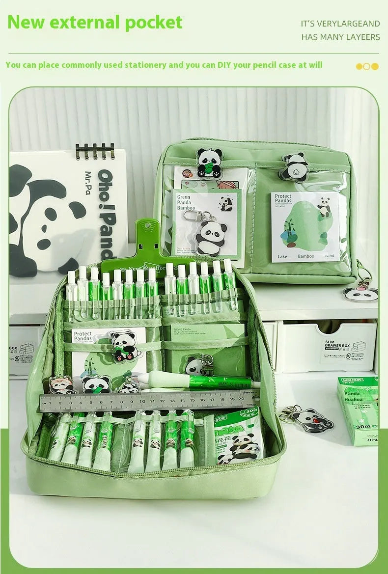 Green 12-layer canvas pencil case with layered storage compartments for pens and pencils, Korean style
