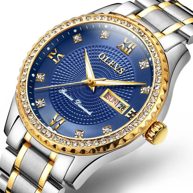 Round quartz watch with luminous hands, calendar and week display, 40mm dial, stainless steel strap, and butterfly clasp