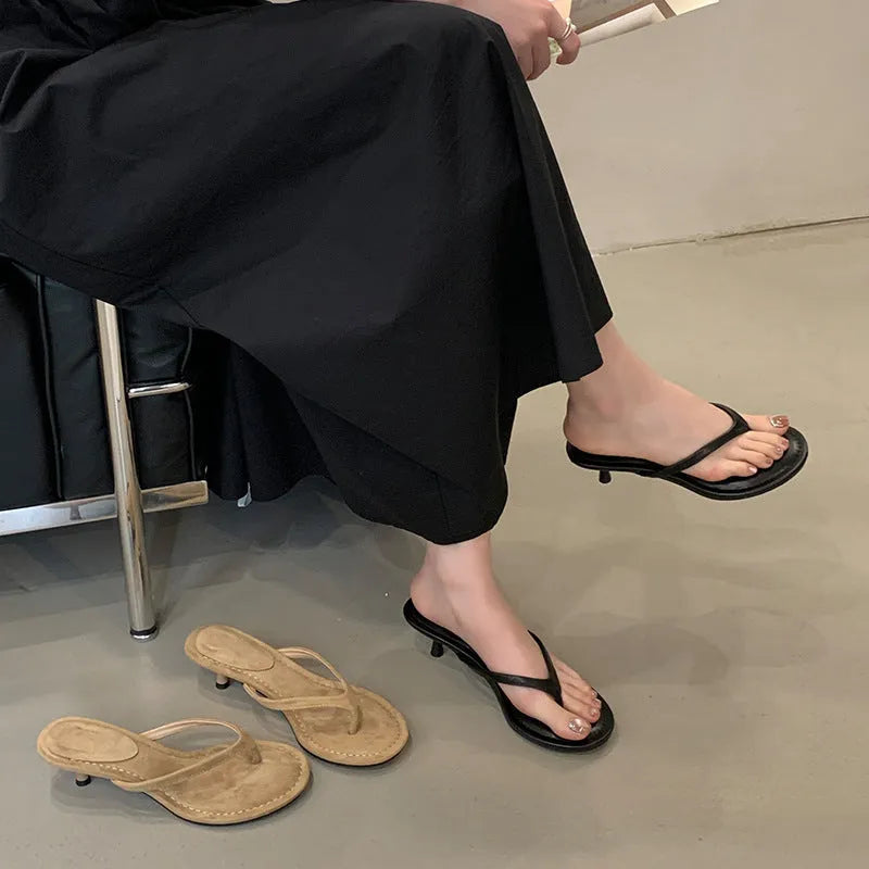 Women's stiletto flip-flop sandals round toe open-toed summer rubber sole camel colour