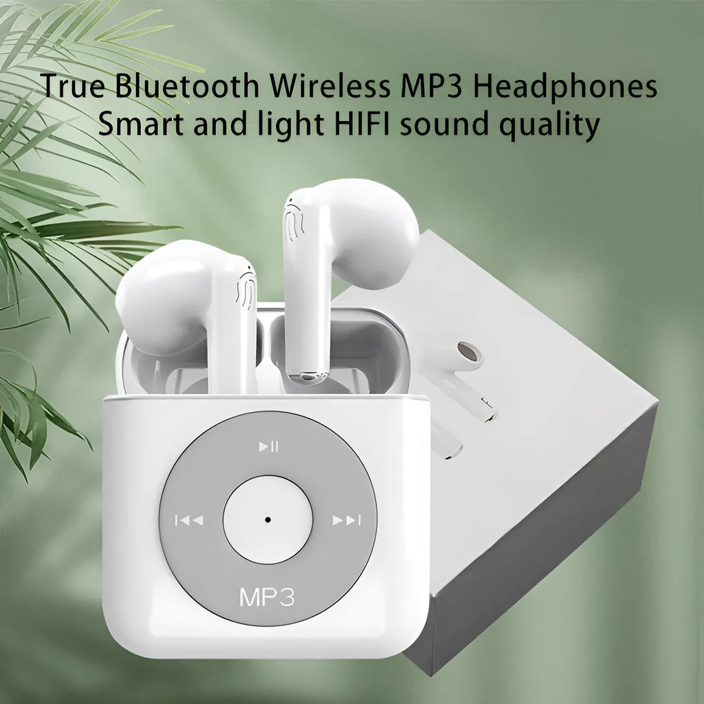 White semi in-ear wireless Bluetooth earphones with charging case showing noise reduction and call functionality