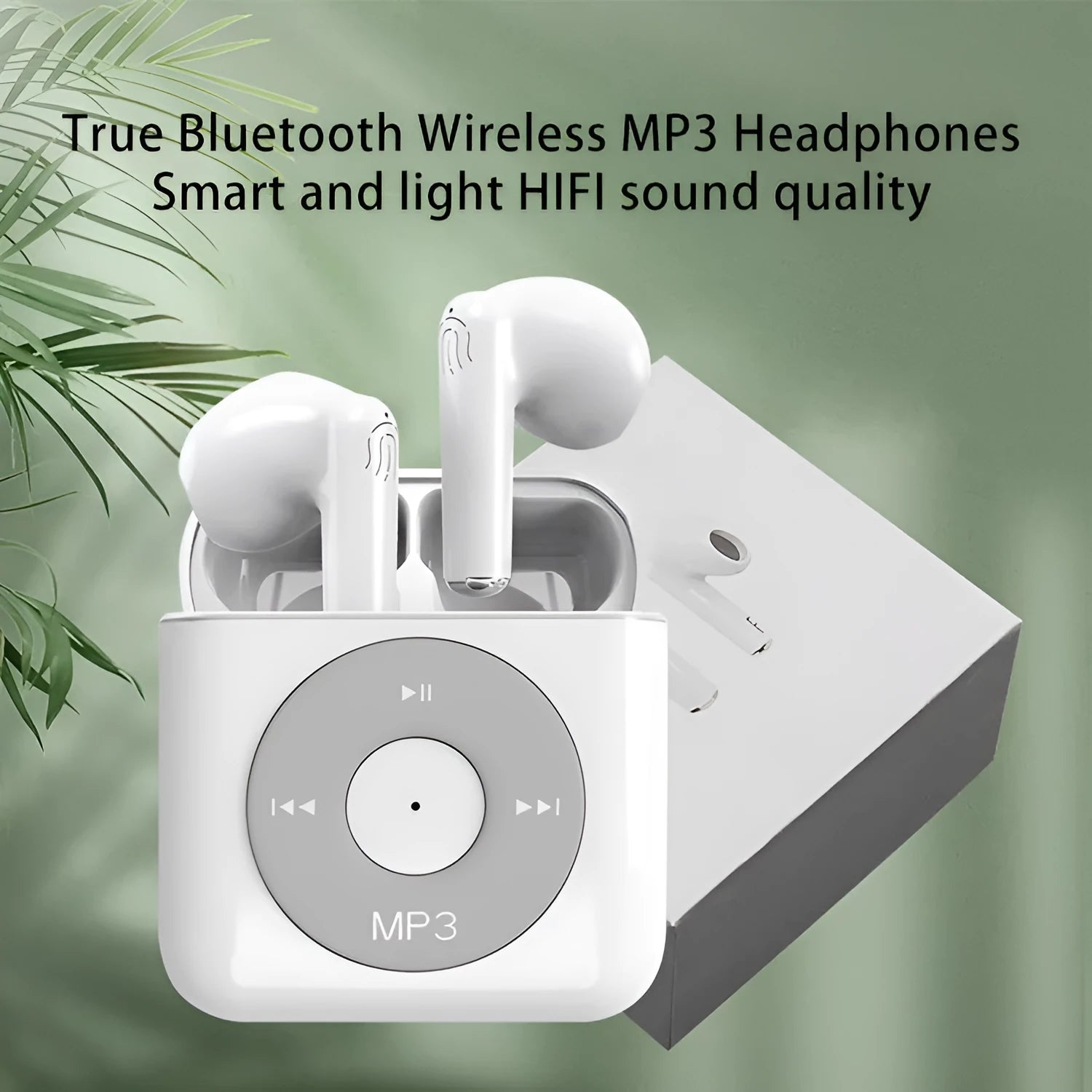 White semi in-ear wireless Bluetooth earphones with charging case showing noise reduction and call functionality