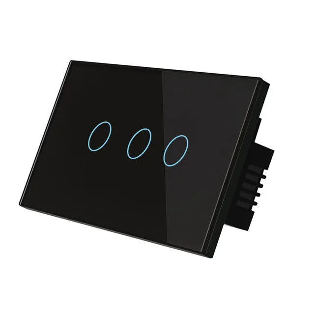 2-gang touch light switch with tempered glass panel and RF remote control in black, white, or gold