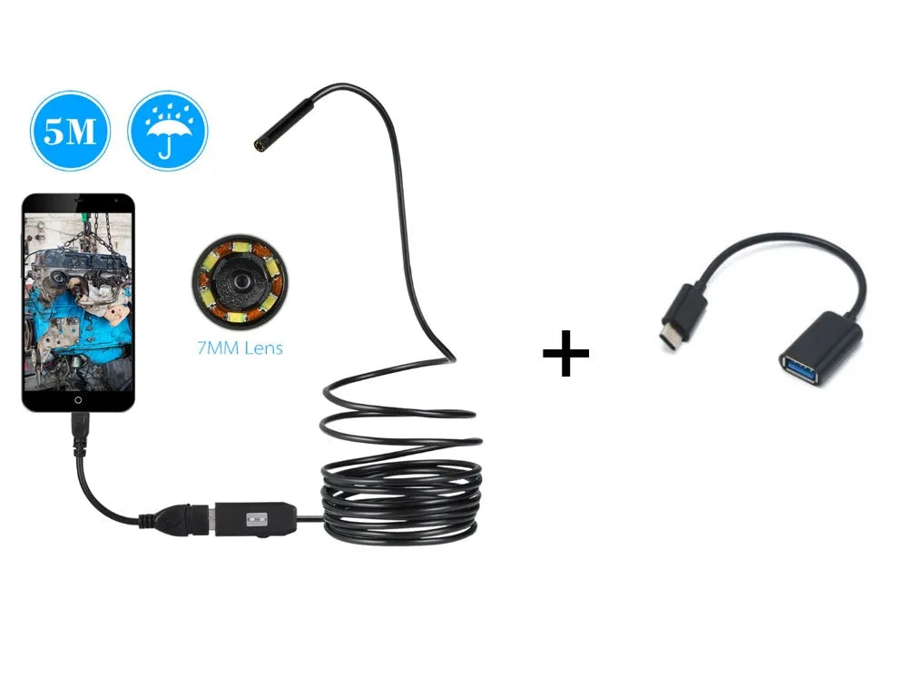 OWSOO USB endoscope camera with 7mm lens, 5 metre cable, hook, magnet, and side mirror accessories