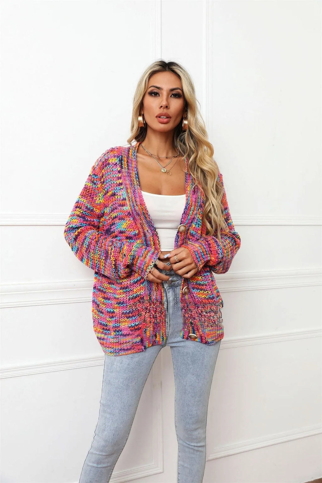 Rainbow mixed colour festival dyed short cardigan knitted coat in rose red on model