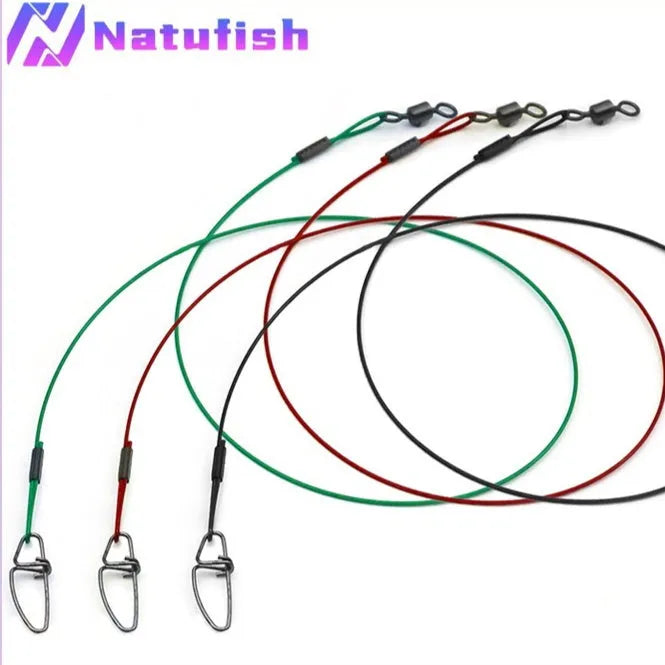 Steel wire double buckle fishing pins in green, black, and red colours showing 54cm length