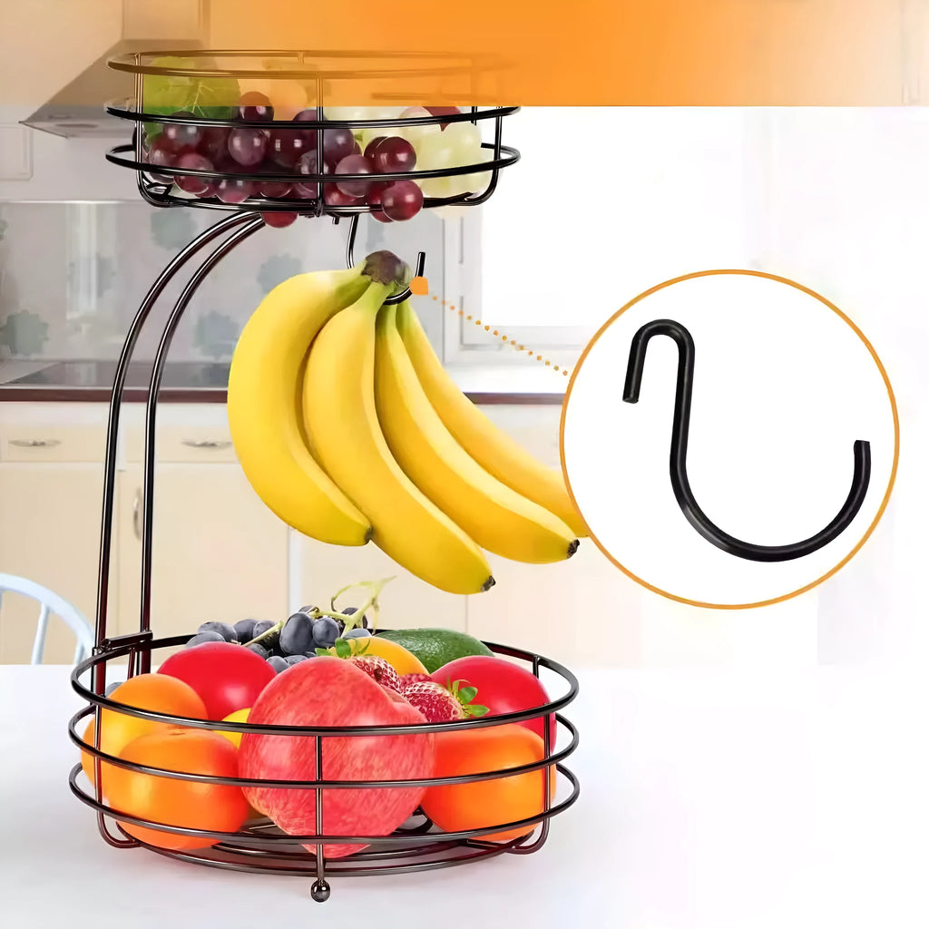 Black wrought iron double-layer fruit basket with two storage tiers