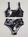Women's marble tie-dye high-waist bikini swimsuit with U-neck top