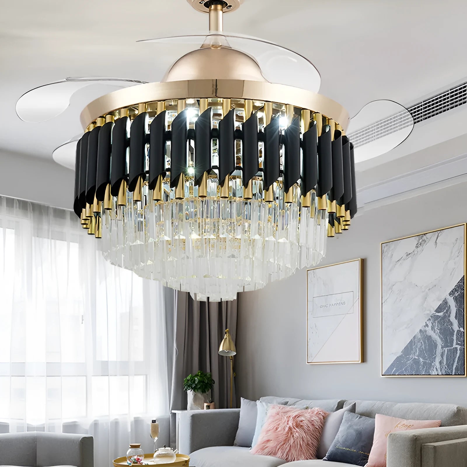 LED crystal chandelier ceiling fan light with remote control in 42 or 48 inch size options