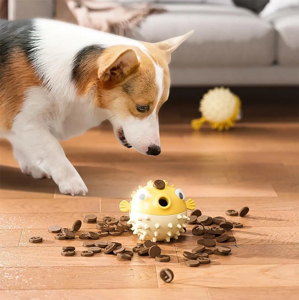 Interactive dog chew toy with fish shape design, available in green, red and yellow colours