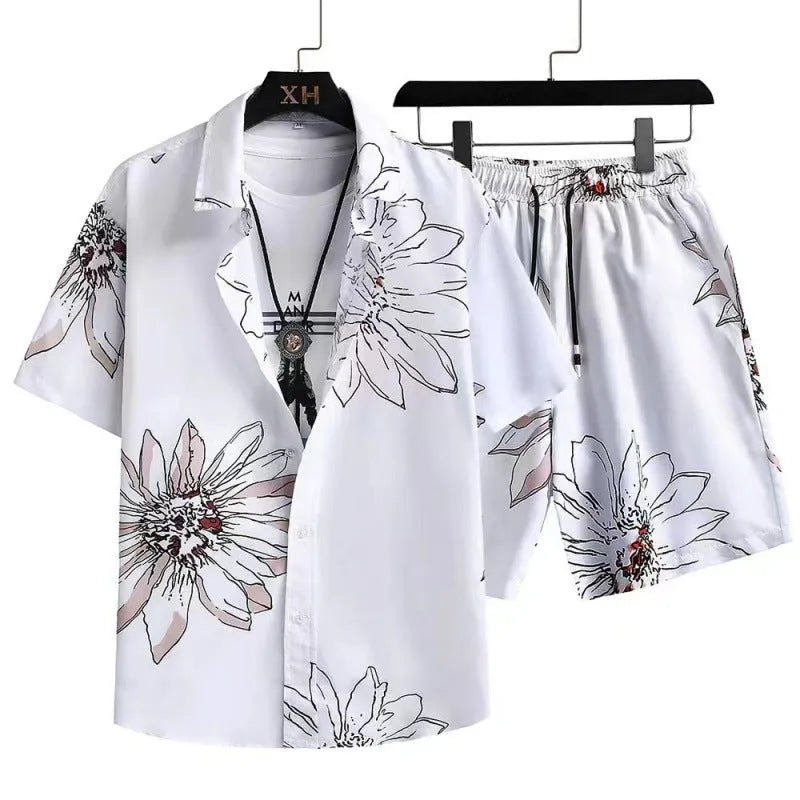 Men's short-sleeved digital print cardigan and matching shorts casual suit set.