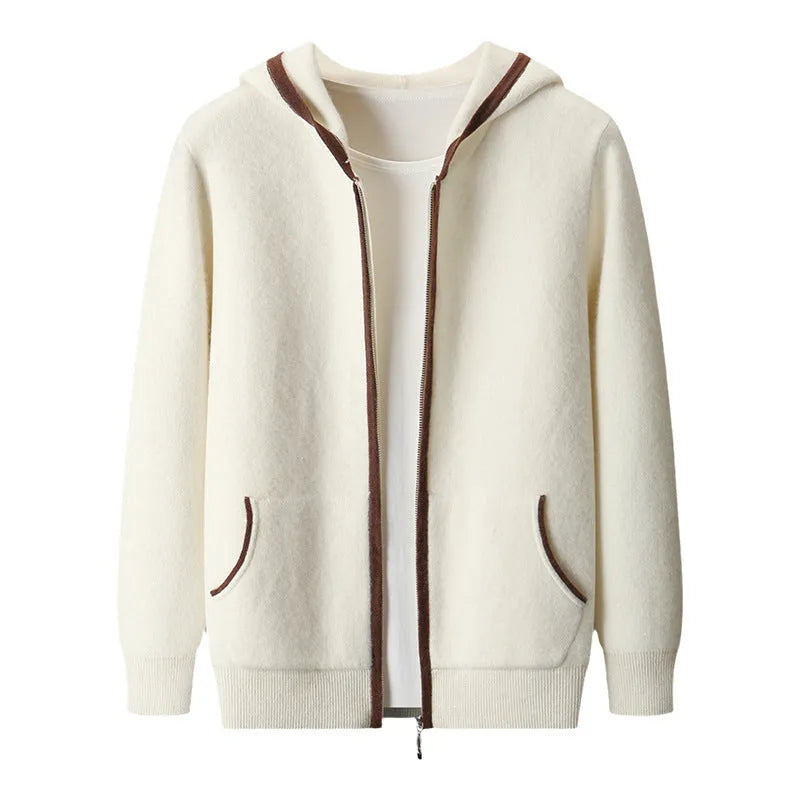 Casual zip-up hooded cashmere cardigan sweater in light gray, loose fit, thickened knit, youth styling