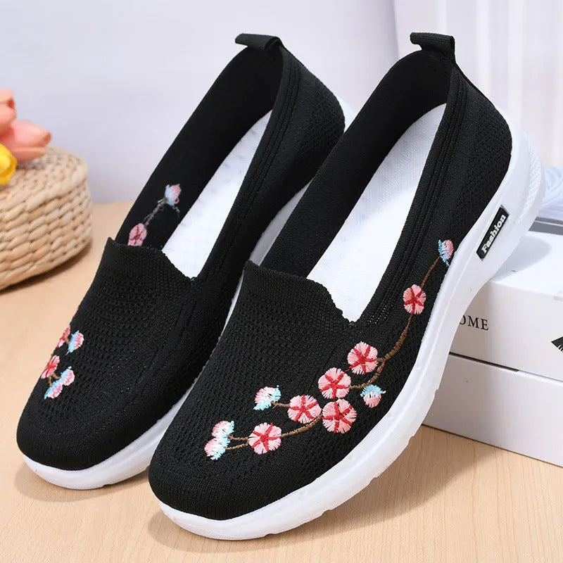 Women's embroidered flying woven sports pumps with anti-slip sole, low heel, available in black, gray, purple, wine red, sizes 36-42