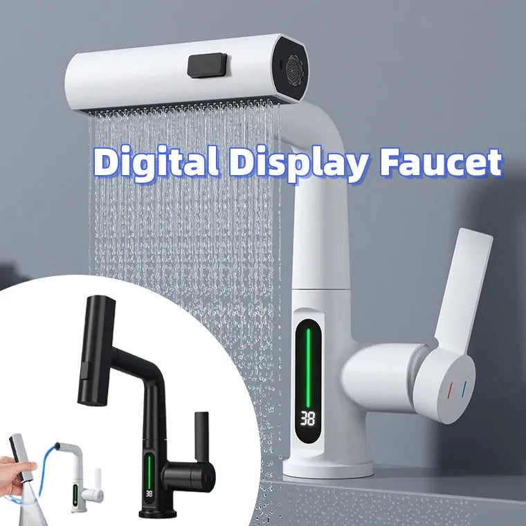 Intelligent digital display pull-out basin faucet with LED temperature screen, copper finish, and 60cm hose