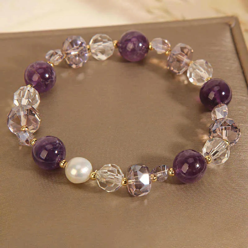 Artificial crystal amethyst bracelet for women with electroplated U-shaped design and pearl accents, imitation amethyst pearl colour option