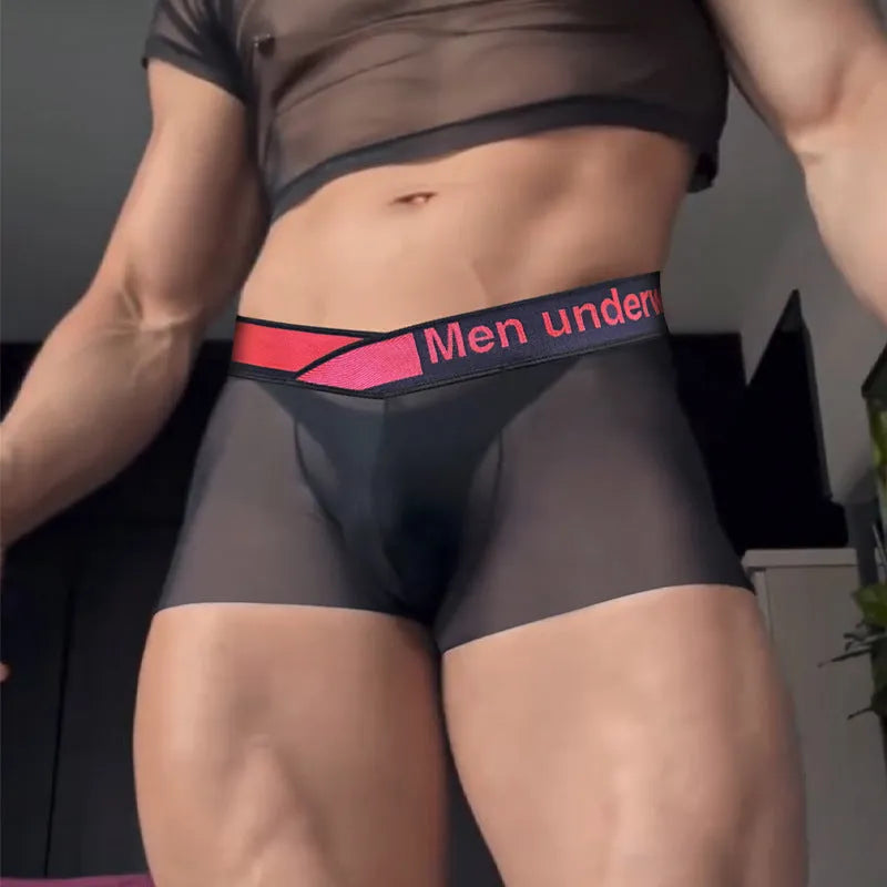 Men's seamless low waist gradient laser cut nylon underwear in black, red, and white colours for sports