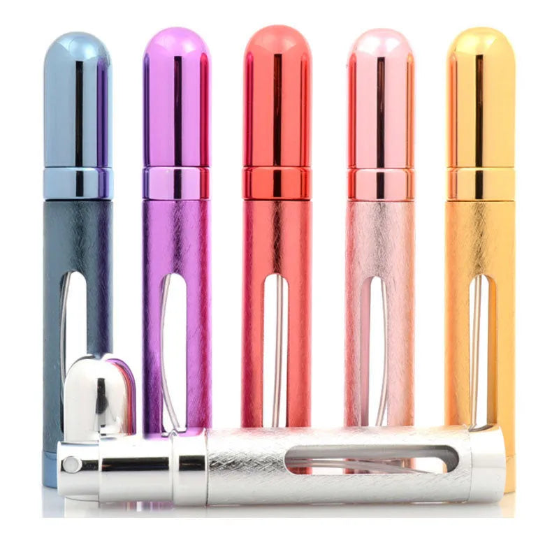 Slim 12ml aluminium travel perfume bottle with glass liner in six colour options.