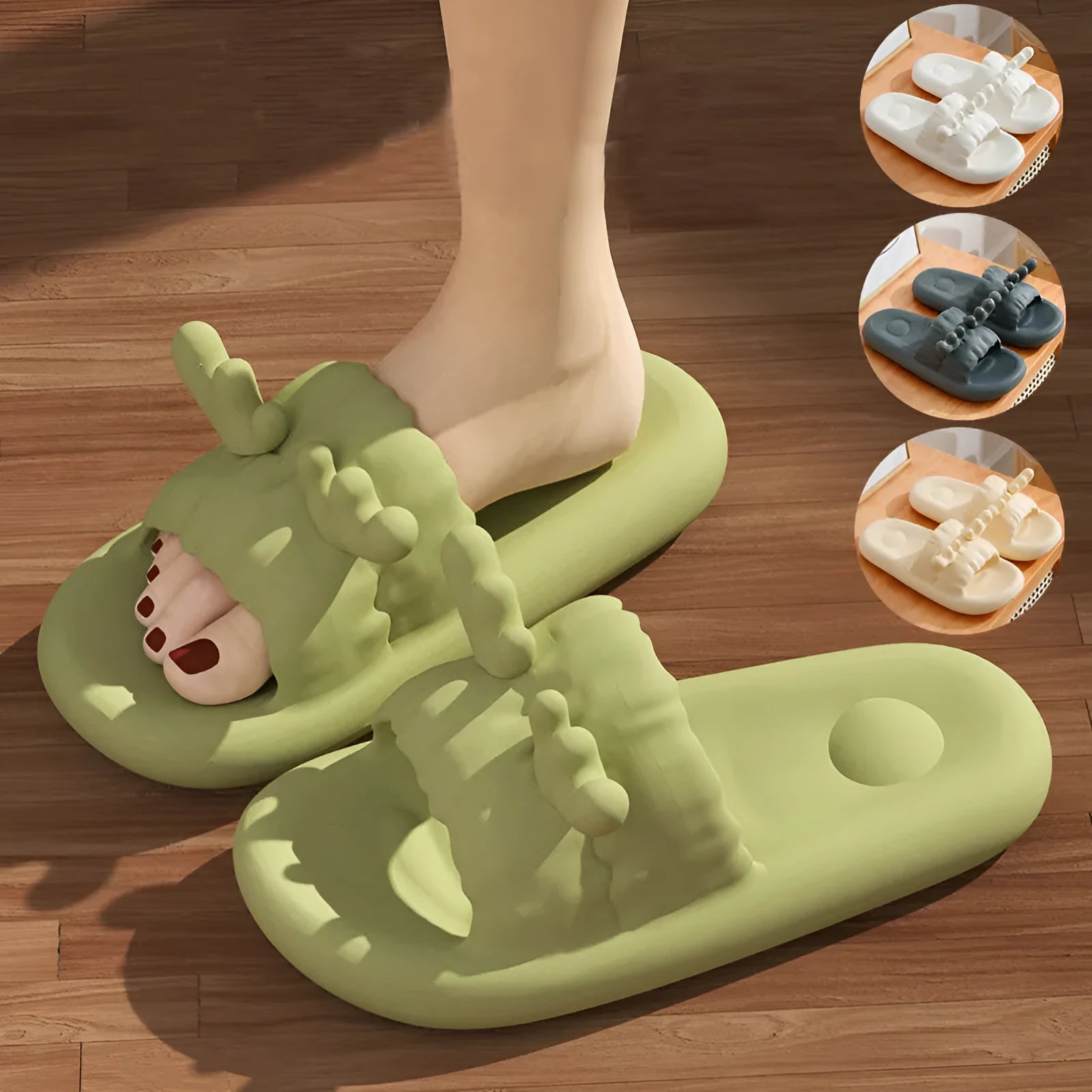 Cute deer horn design EVA flip flop slippers for women and men in light yellow, shown on a non-slip sole.