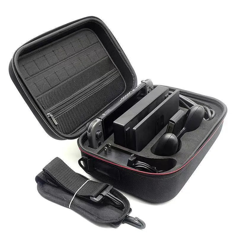 Black EVA hard shell game console accessory storage bag showing two size options.