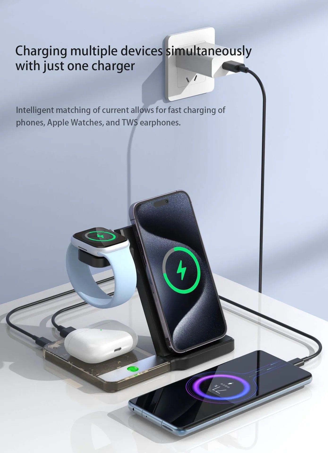 Black foldable magnetic three-in-one wireless charging stand with phone, watch, and earbuds on a desk