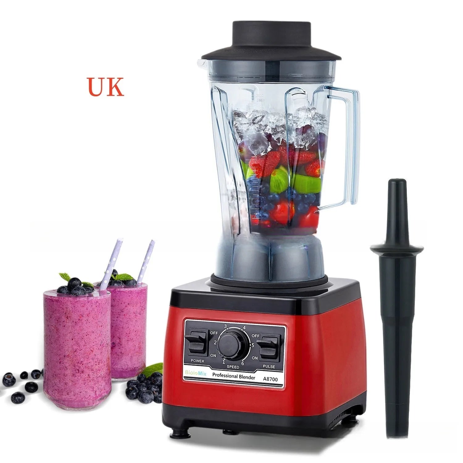 Red commercial blender with 2200W motor and 2-litre capacity jug, industrial style design
