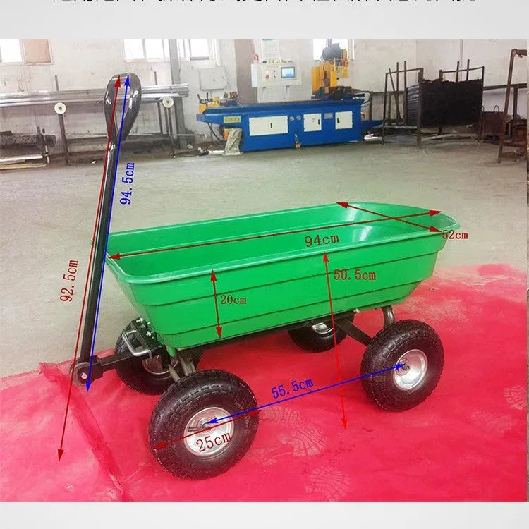 Green four-wheel plastic dump truck with steel PP construction for garden and farm material transport