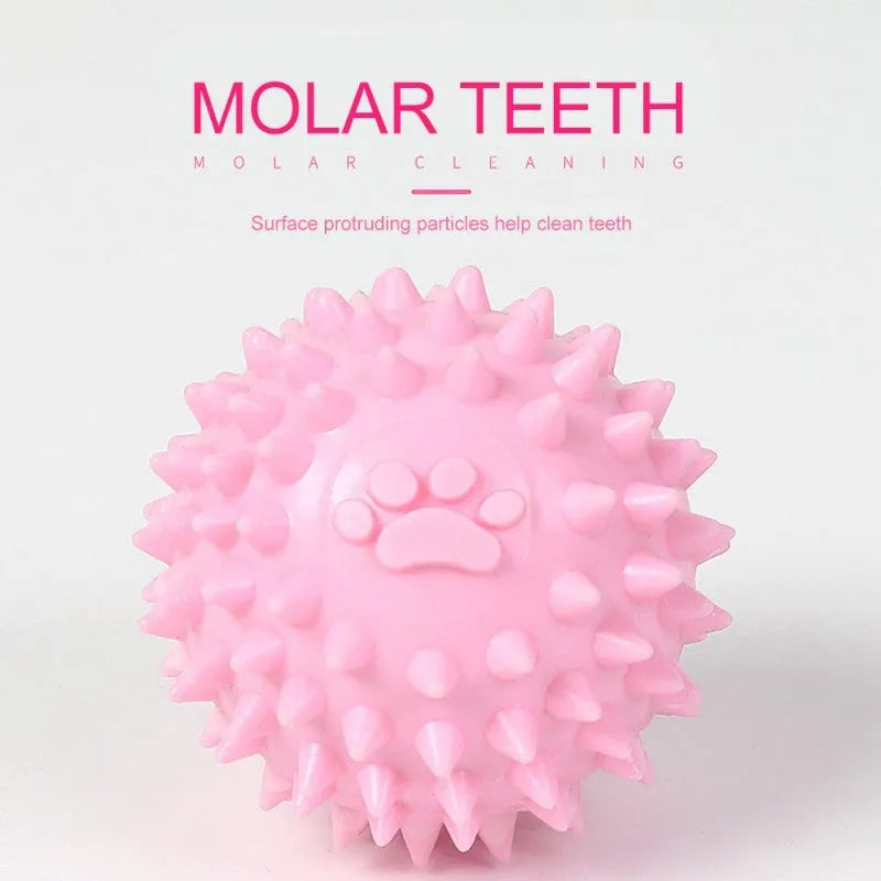 Close-up of 6cm TPR rubber dog chewing toy ball with footprint pattern in blue pink or yellow for tooth cleaning