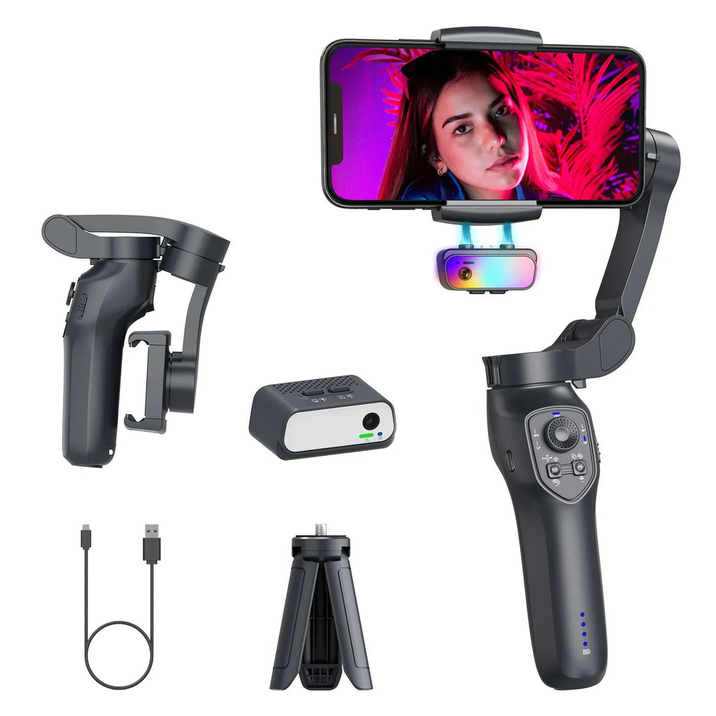 Foldable handheld smartphone stabilizer gimbal in gun colour with USB charging port