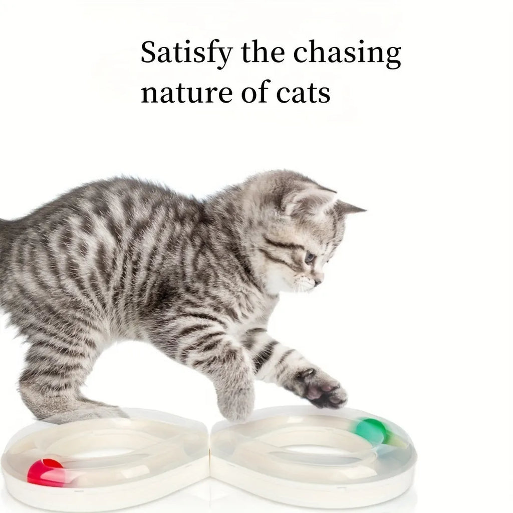 Blue and white cat turntable track ball toy with teasing stick on a flat surface.