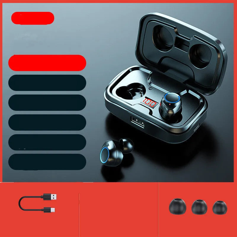 Black wireless in-ear earphones with Bluetooth 5.0 shown alongside red and blue colour options.