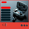 Black wireless in-ear earphones with Bluetooth 5.0 shown alongside red and blue colour options.