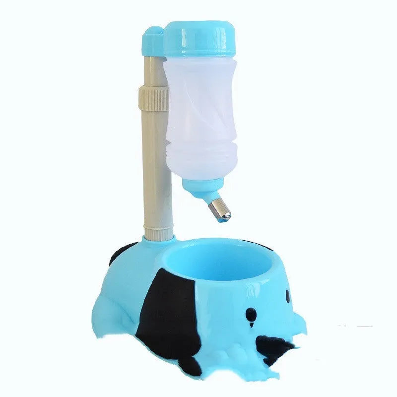 Adjustable plastic pet drinking bowl with rod lifting mechanism in blue pink or yellow reaching 42cm height