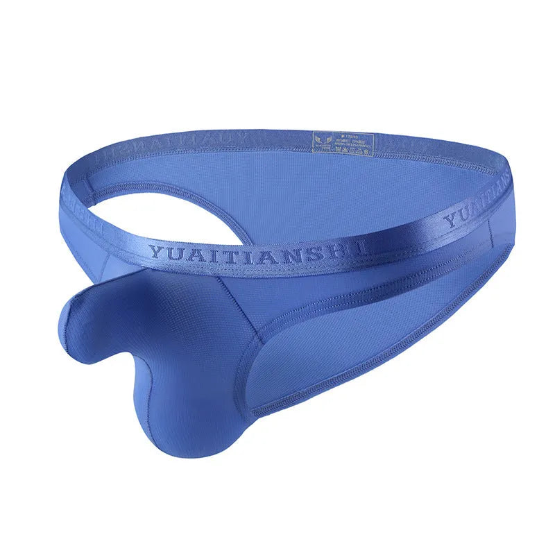 Men's thin solid colour low waist underwear in breathable nylon, shown in multiple colour options.