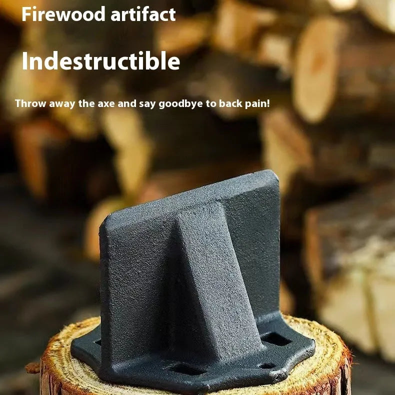 Mini cast iron square wood splitter for outdoor and household wood cutting on a wooden log