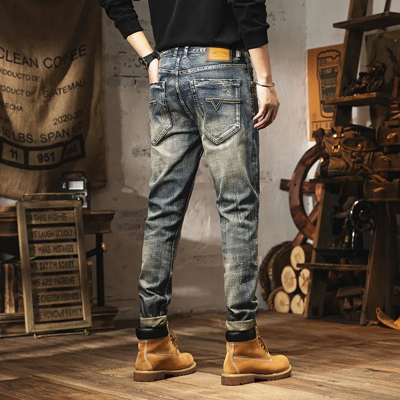 Men's retro heavy washed straight leg fleece lined jeans in vintage blue A7707 with drawstring waist