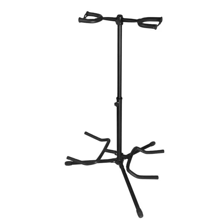 Black vertical double-headed iron guitar stand holding an acoustic guitar upright.