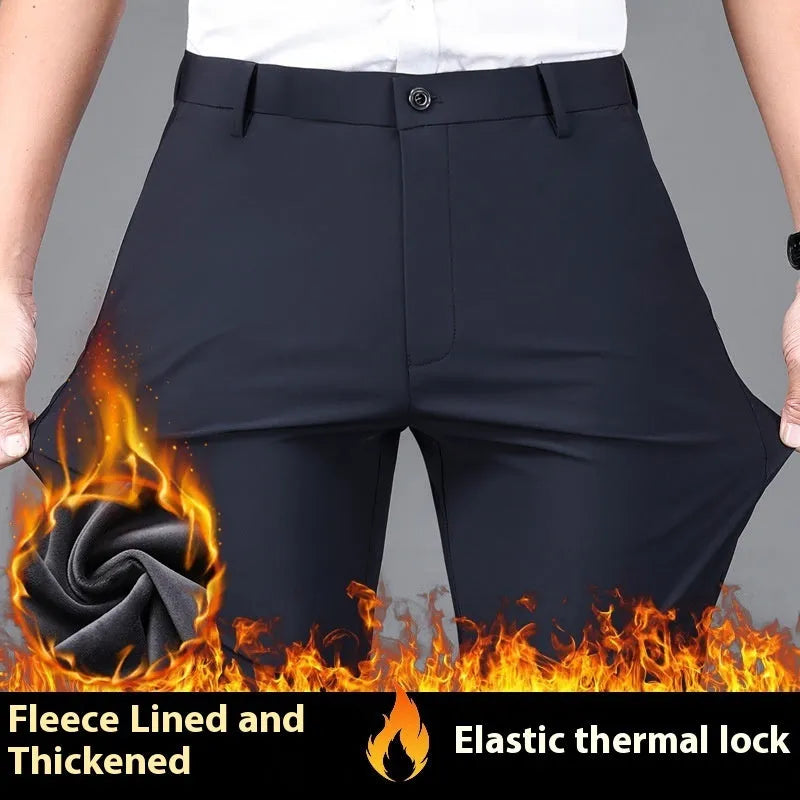 Fleece-lined men's trousers in black, straight fit, anti-wrinkle non-iron polyester fabric