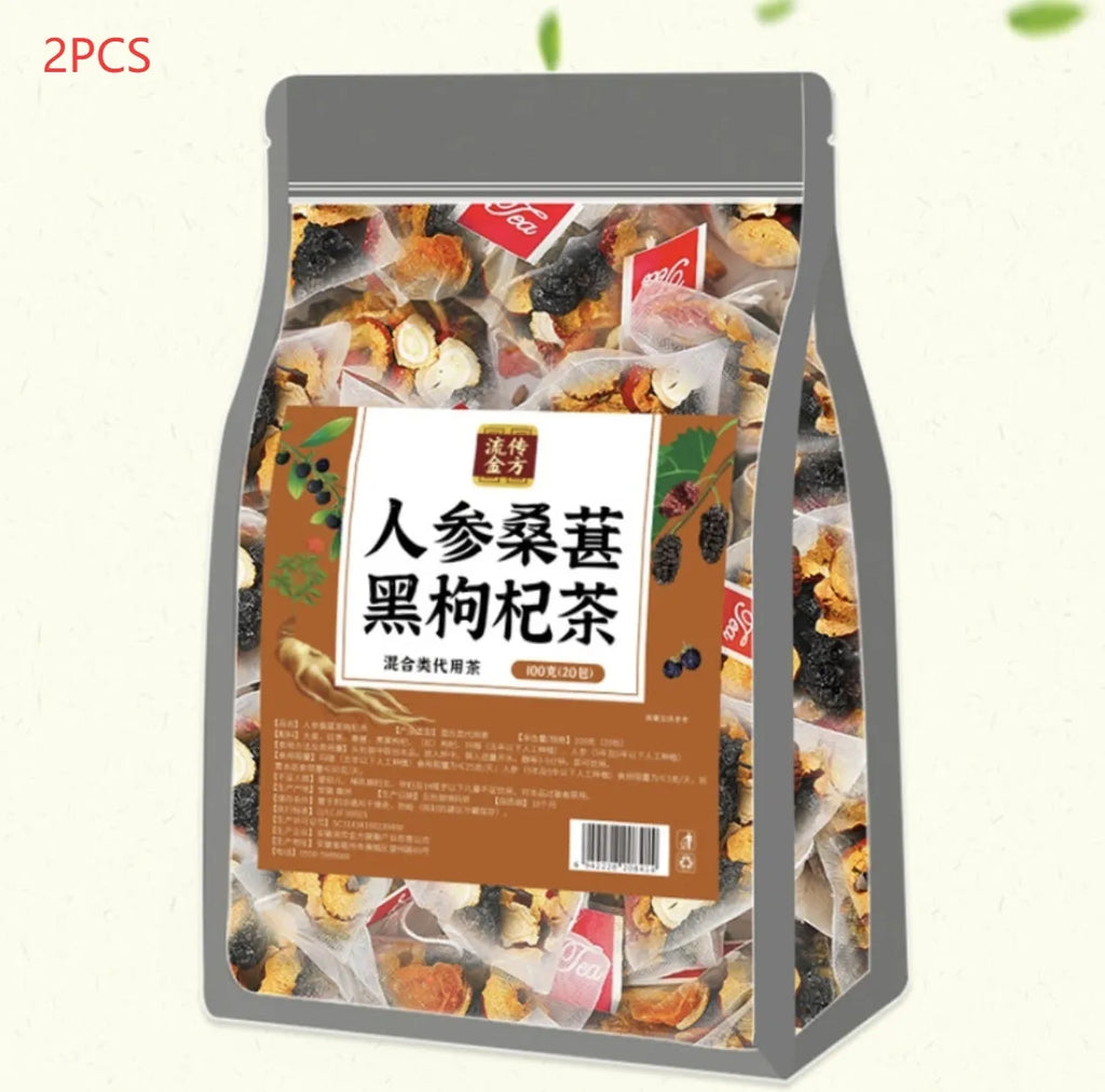 Box of ginseng and black wolfberry herbal tea containing 40 individual sachets with mulberry ingredient