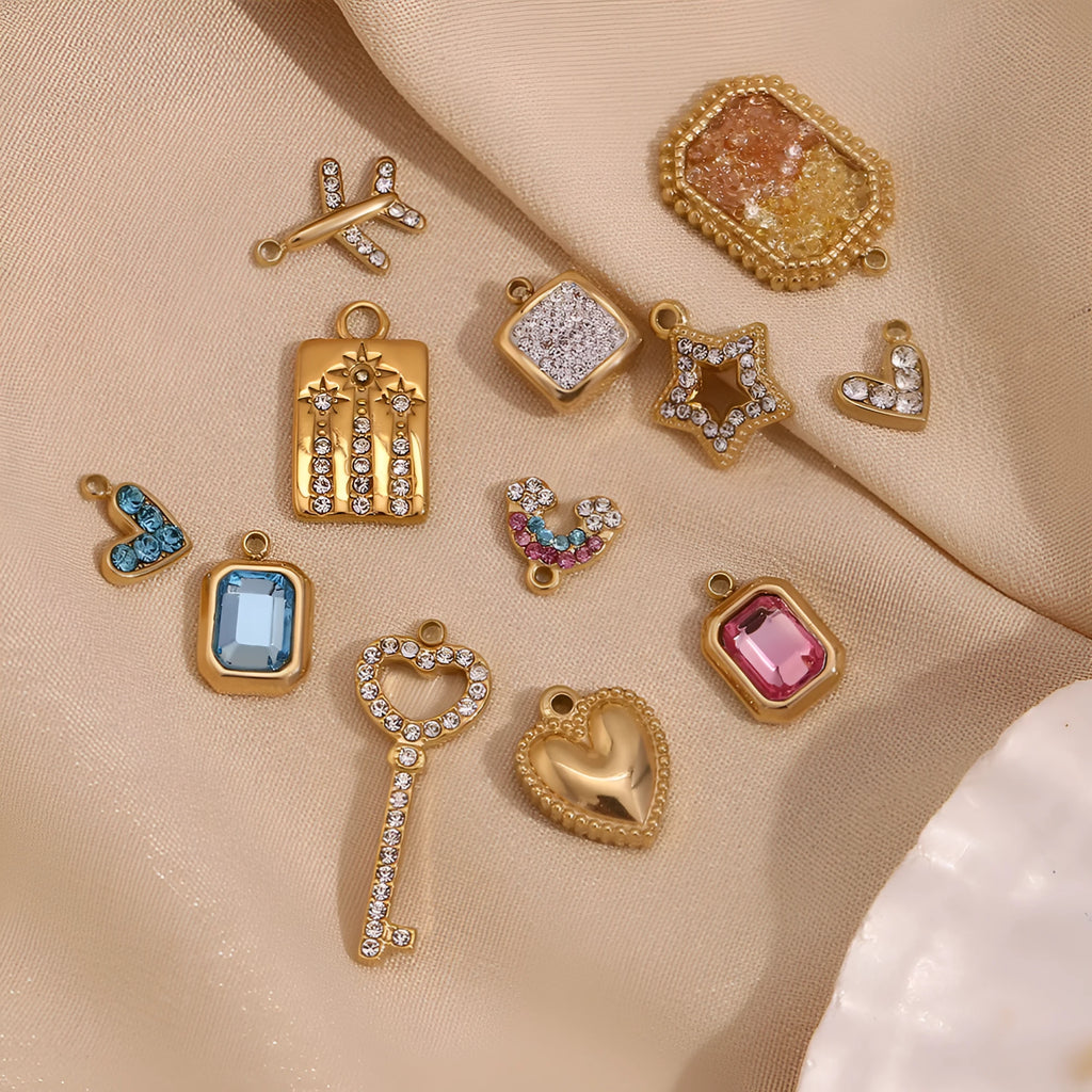 18K gold mini pendant with micro inlay colourful crystals on stainless steel base, geometric shape