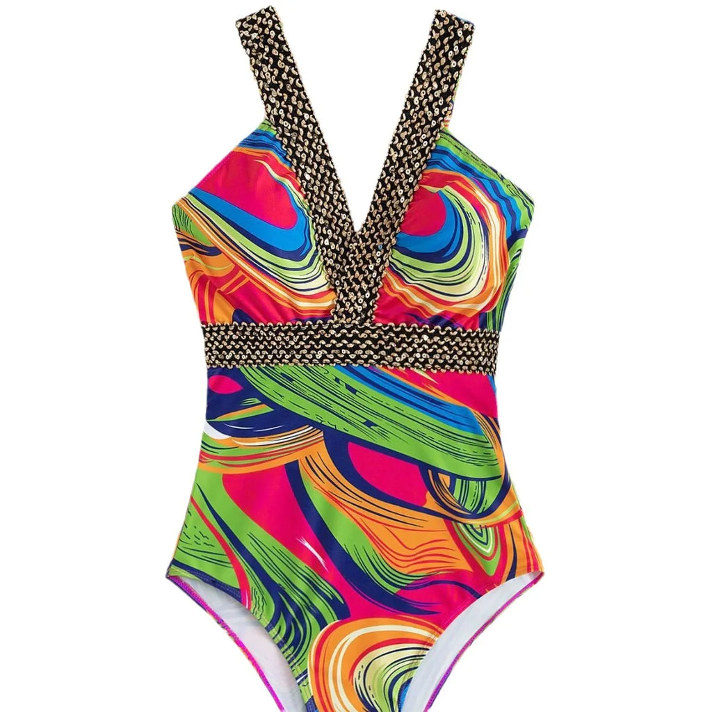 Women's deep V spaghetti strap one-piece swimsuit in polyester with printed pattern, available in multiple colours